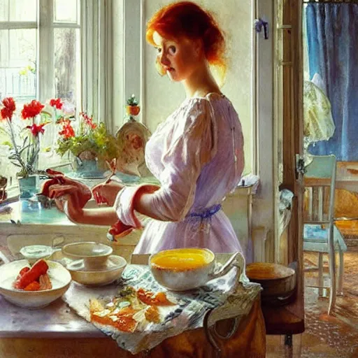 Prompt: beautiful blonde woman, making breakfast, morning, painting volegov carl larsson