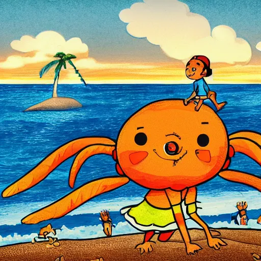 Image similar to cartoon of little girl raiding on top of huge monster crab on the beach.