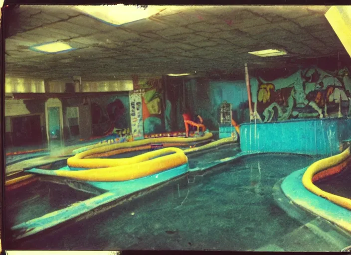 Image similar to polaroid photo of an abandoned colorful indoor water park with strange creatures lurking