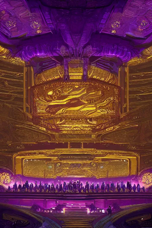 Image similar to Concept Digital Art Highly detailed Alien Art Deco Cybertron Grand stage inside of the Vosian Opera house with glowing royal purple water at midnight by greg rutkowski, Ilya repin, alphonse mucha, and Edmund Blair Leighton. Very highly detailed 8K, octane, Digital painting, the golden ratio, rational painting, sharp