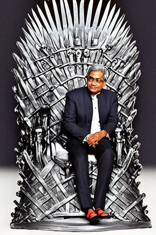 Prompt: Ranil Wickramasinghe sitting on the iron throne