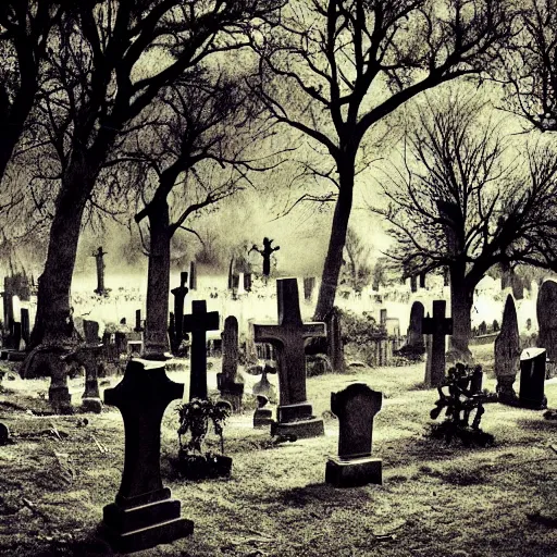 Image similar to haunted cemetery, tim burton, dark, spooky, high resolution