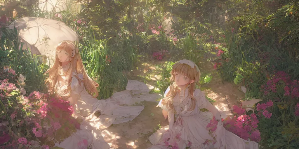 Image similar to a digital art of a loli with long hair in a dress in the privet garden at after noon, green and warm theme, back lighting, by krenz cushart and mucha and akihito yoshida and greg rutkowski and makoto shinkai, extremely long shot, detailed eyes, 4 k resolution, trending on art station