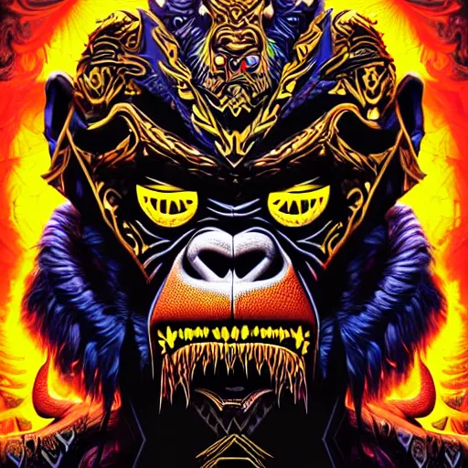 Image similar to barong family member, wiwek, mara demon, one single tribe member, jungle, one single mask, dark, ancient warrior, gorilla, lizard, tribal, inner glow, art by dan mumford and justin gerard