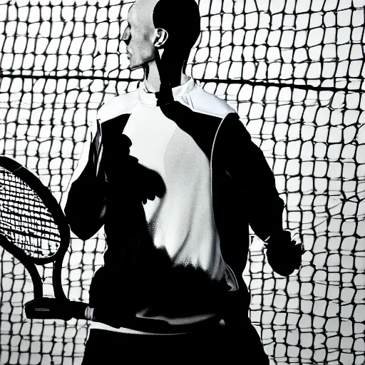 Prompt: portrait of nosferatu playing alone tennis in roland garros, sport photography