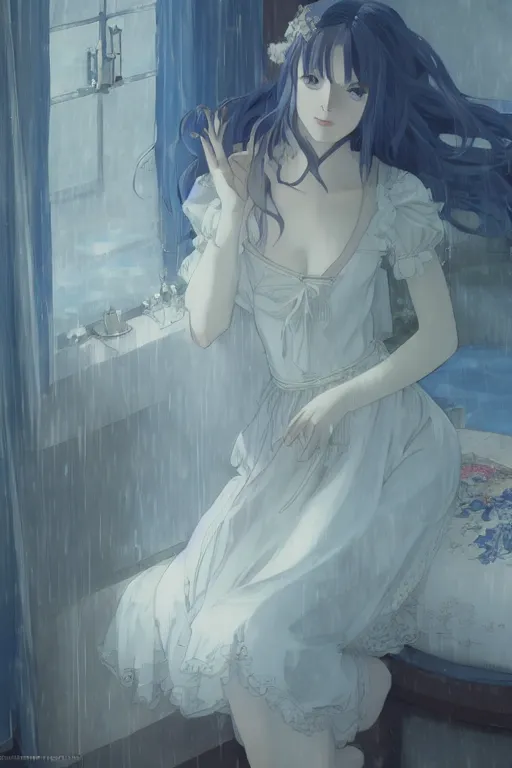 Prompt: a girl in a maid's outfit in the bedroom a night, raining outside the window, blue theme, wavy white long hair, by krenz cushart and mucha and akihito yoshida and greg rutkowski and makoto shinkai, 4 k resolution