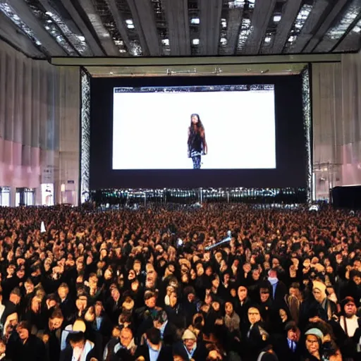 Image similar to a large crowd of people looking up at a large screen with tree displayed