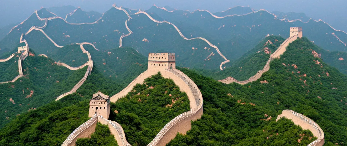 Prompt: the great wall of china holding the ocean, aerial view