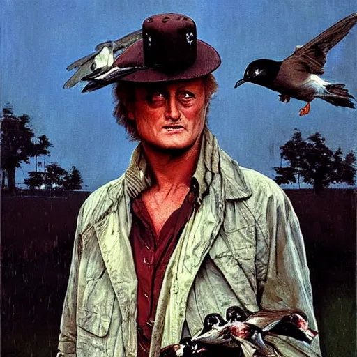 Image similar to rutger hauer as roy batty standing in the rain and holding a dove, painted by norman rockwell and tom lovell and frank schoonover