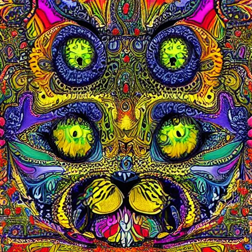 Image similar to louis wain fractal cats, mandelbrot cat, floral cat, cat made of flowers, vivid colors, detailed painting