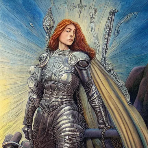 Image similar to jeanne d'arc in the style of william blake, terese nielsen, detailed, intricate, beautiful faces, steve argyle