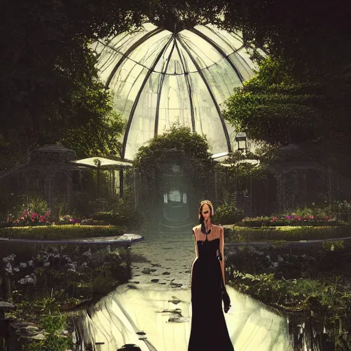 Prompt: a woman in a black dress standing in an elegant greenhouse garden, dramatic lighting, illustration by greg rutkowski, yoji shinkawa, 4 k, digital art, concept art, trending on artstation