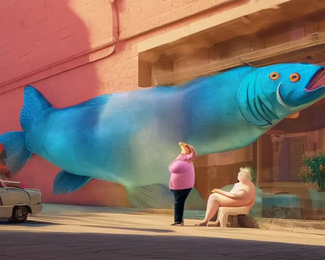 Image similar to delicate and beautiful scene in hyper realistic style, of a fat old woman is sculpting a huge colorful fish on the wall. lighting from the barred window. shadows. 4 k. wide angle. very detailed. red mouth, blue eyes. deep focus, lovely scene. ambient occlusion render. unreal engine.