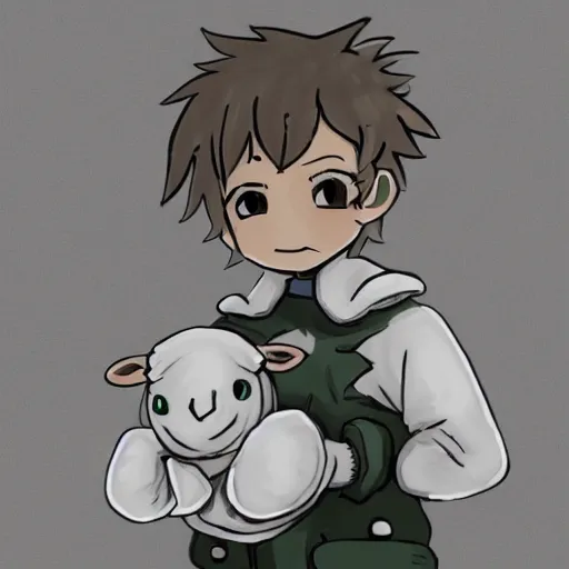 Image similar to little boy wearing sheep suit. white, gray, blue, green and brown pallet color. made in abyss art style, inspired in kris from deltarrune, cute detailed artwork