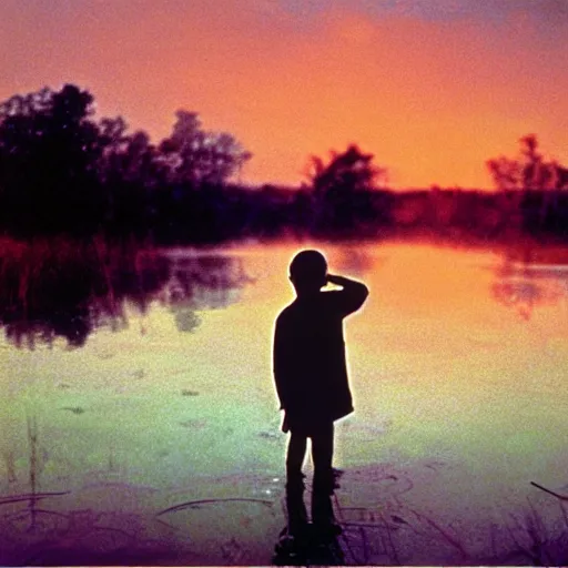 Prompt: Movie scene photography of a 10 years old boy playing in the dirty swamp, by tarkovsky, wong kar wai photography, sunset, monet pastel ambient