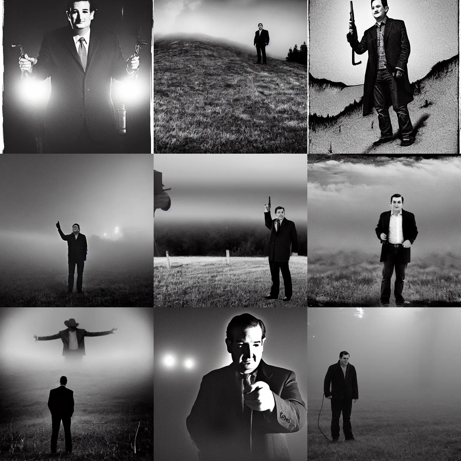 Prompt: Ted Cruz standing on a hill pointing a revolver, black and white, creepy lighting, foggy atmosphere, scary, horror, ornate, eerie, fear