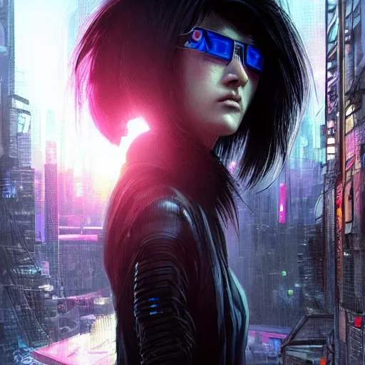 Prompt: cyberpunk, portrait of a beautiful trained cyberpunk street samurai, sunglasses, shag hair, cyberpunk city background, megacity, neuromancer, molly millions, gorgeous view, dramatic light, depth, high detail, digital art, movie promotional art, painted by seb mckinnon, painted by greg rutkowski, neuromancer, trending on artstation