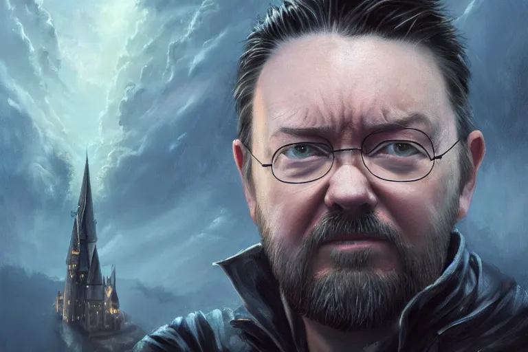 Image similar to closeup portrait of a ricky gervais as a wizard, harry potter, dramatic light, gorgeous view, depth, high detail, digital art, painted by greg rutkowski and seb mckinnon, by jk rowling, trending on artstation