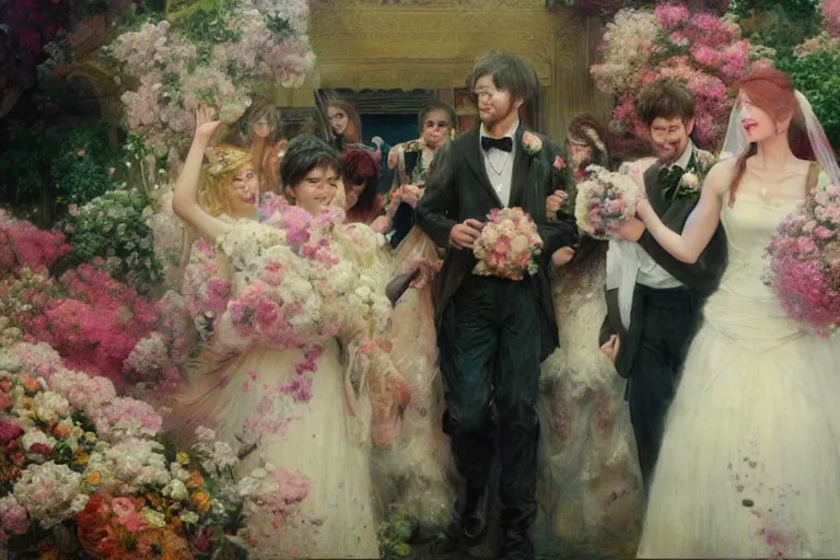 Image similar to the groom look at the bride at a wedding full of flowers, bright and happy, dreamlike art, highly detail, 4 k realistic, wedding photoy krenz cushart, artem demura, yoji shinkawa artgerm, jon lothian, danilo torres. adi meyers. thomas reimann. gaston bussiere.