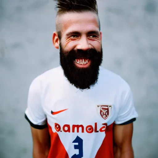 Image similar to realistic photoshoot for a new soccer player, bearded, short hair, brown eyes, maniacal smile, color film photography, portrait of a beautiful person, in style of Campbell Addy, 35mm