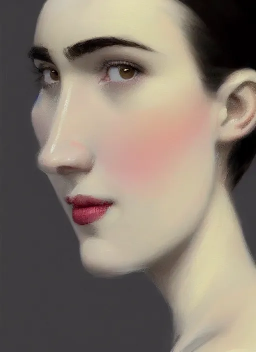 Prompt: portrait of white teenage girl, narrow face, short black hair and eyebrows, bangs, half updo hairstyle, buck toothed smile, unattractive, defined jawline, long chin, hair bow, intricate, elegant, glowing lights, highly detailed, digital painting, artstation, sharp focus, illustration, art by wlop, mars ravelo and greg rutkowski