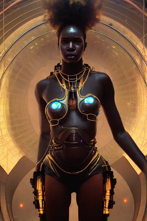 Image similar to ultra realistic, beautiful female african cyborg in a crowded smoky cyberpunk club in space megalopolis, sci - fi, intricate details, eerie, highly detailed, octane render, 8 k, art by artgerm and alphonse mucha and greg rutkowski