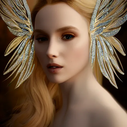 Prompt: A mesmerizing ethereal wedding portrait of beautiful blonde woman wearing crystal chandelier inspired wings, couture, hyperdetailed, artstation, cgsociety, 8k