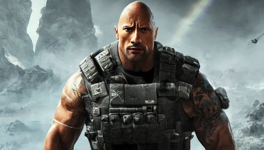 Image similar to Dwayne Johnson in Rainbow Six, hyperdetailed, artstation, cgsociety, 8k