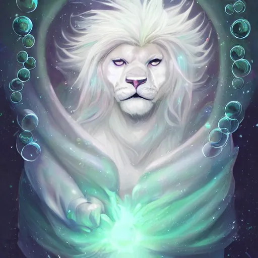 Image similar to aesthetic portrait commission of a albino male furry anthro lion entering a heavenly coherently shaped void made out of bubbles while wearing a cute mint colored cozy soft pastel wizard outfit, winter Atmosphere. Character design by charlie bowater, ross tran, artgerm, and makoto shinkai, detailed, inked, western comic book art, 2021 award winning painting