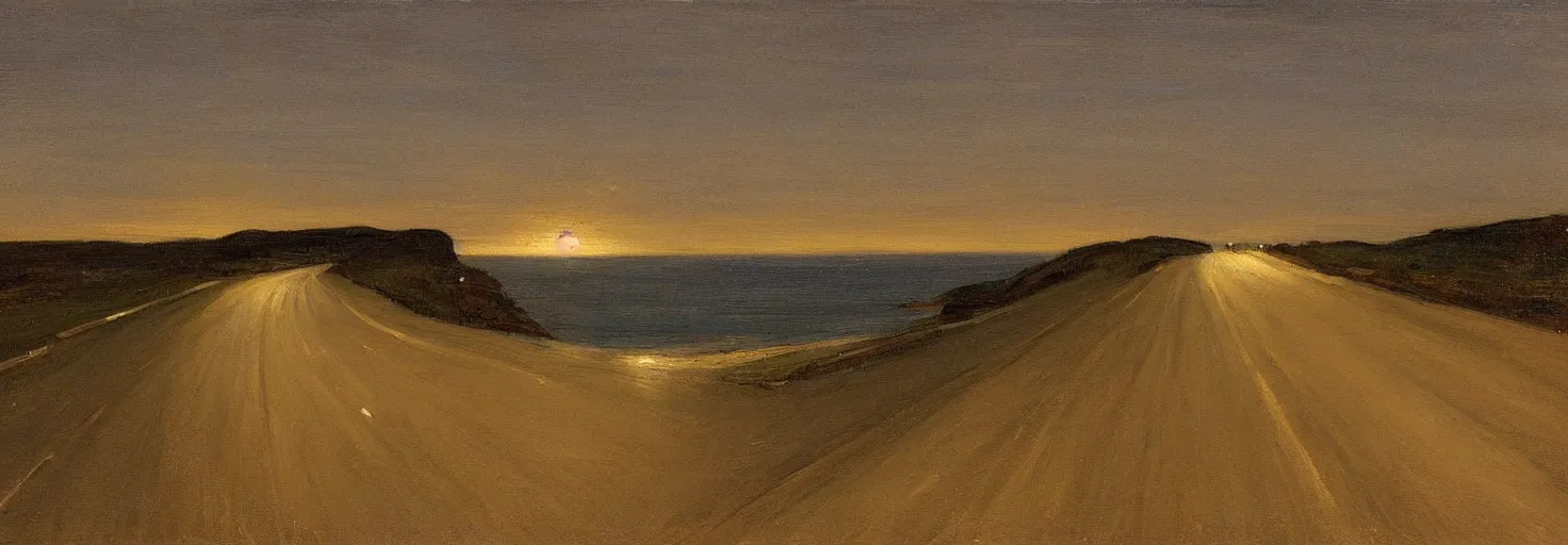 Prompt: the long and winding road by the sea at night by john christopher maxwell pratt,