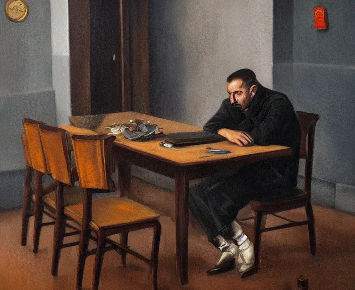 Prompt: dark oil realistic painting a gaunt man sits alone at a table in a depressing gloomy soviet police station