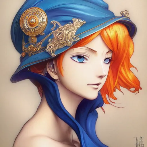 Image similar to intricately detailed vfx portrait of nami from one piece by eiichiro oda, makoto shinkai, alphonse mucha, art by artgerm and greg rutkowski, best of behance, concept art, matte, sharp focus, orange hair, elegant, adolphe bouguereau, annie leibovitz, stanley kubrick,