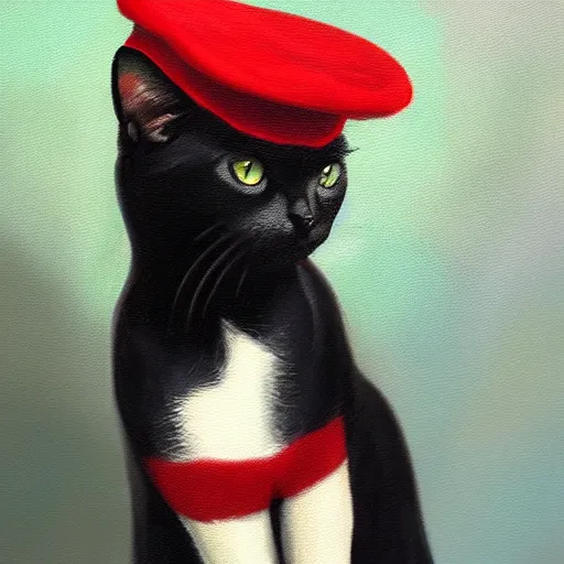 Prompt: A cat wearing a beret with the American flag on it, oil Painting, ultradetailed, artstation