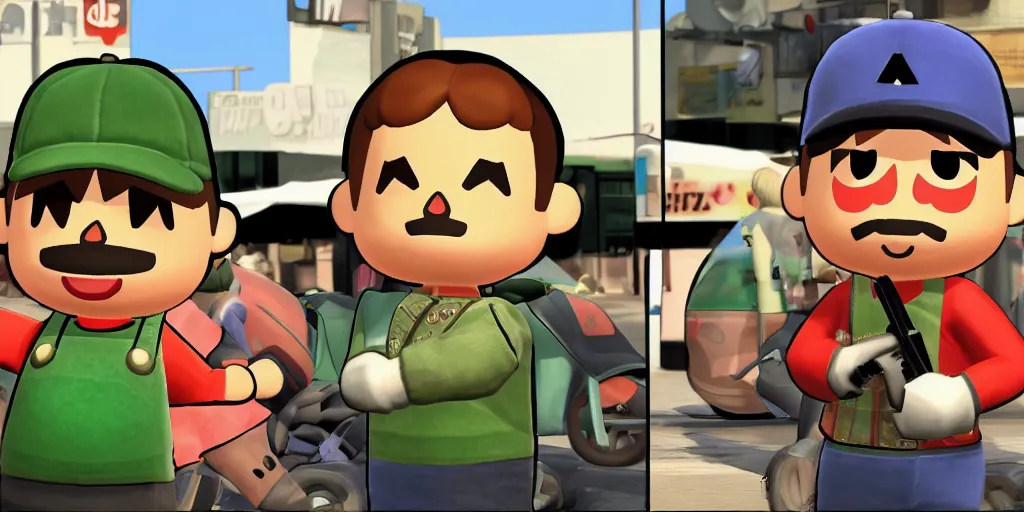 Image similar to Villager from animal crossing super smash bros as a 90s gangster in GTA V, Cover Art by Stephen Bliss, Boxart, Loading Screen. 8k Resolution