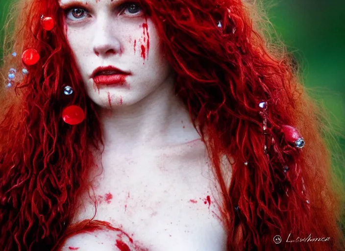 Image similar to award winning 5 5 mm close up face portrait photo of a redhead with blood - red wavy hair and intricate eyes that look like gems, in a park by luis royo