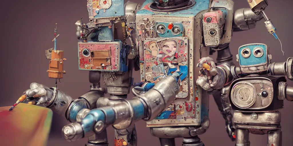 Prompt: closeup portrait of tin toy retro robot artist painting in a workshop, depth of field, zeiss lens, detailed, centered, fashion photoshoot, by nicoletta ceccoli, mark ryden, lostfish, breathtaking, 8 k resolution, extremely detailed, beautiful, establishing shot, artistic, hyperrealistic, octane render