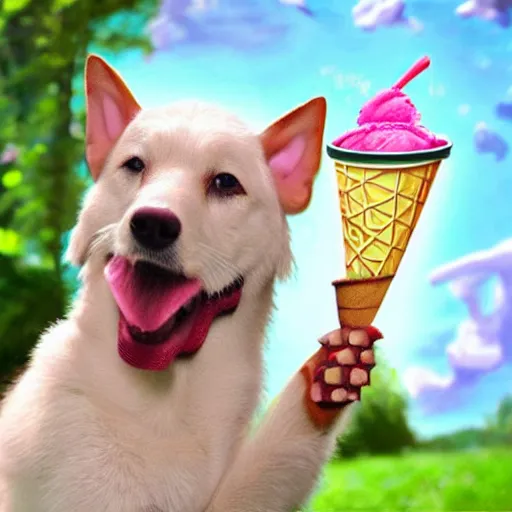 Prompt: fairy dog eating ice cream