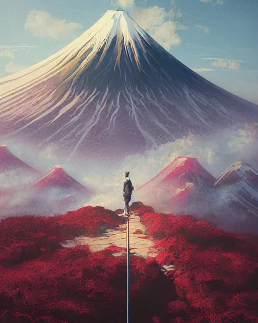 Image similar to a highly detailed epic cinematic concept art CG render digital painting artwork: Mount Fuji . By Greg Rutkowski, in the style of Francis Bacon and Syd Mead and Norman Rockwell and Beksinski, open ceiling, highly detailed, painted by Francis Bacon and Edward Hopper, painted by James Gilleard, surrealism, airbrush, Ilya Kuvshinov, WLOP, Stanley Artgerm, very coherent, triadic color scheme, art by Takato Yamamoto and James Jean