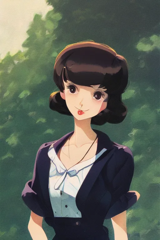 Image similar to portrait of a beautiful girl with dark hair dressed in 1940's fashion, park background, rich vivid colors, ambient lighting, dynamic lighting, 4k, official media, anime key visual, makoto shinkai, ilya kuvshinov, lois van baarle, rossdraws, detailed, trending on artstation