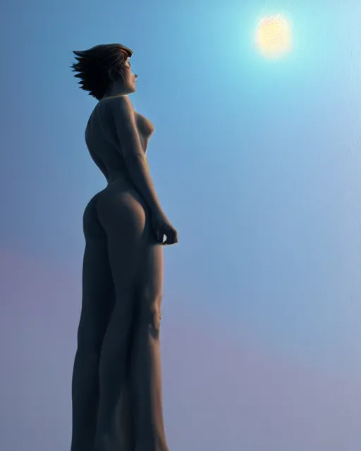 Image similar to a painting of a woman standing in front of a statue, a screenshot by stanley twardowicz, cgsociety, aestheticism, aesthetic, vaporwave, anime aesthetic