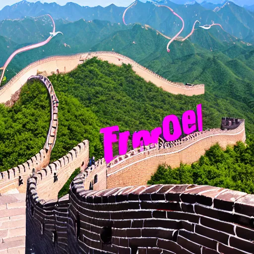 Prompt: neon pink flamingo signs on the great wall of china