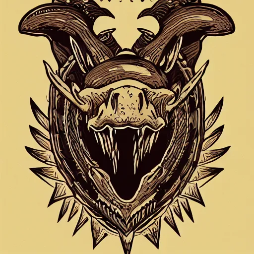 Prompt: triceratops fossil head, family crest, style of kilian eng, light, simple, illustration, tattoo,