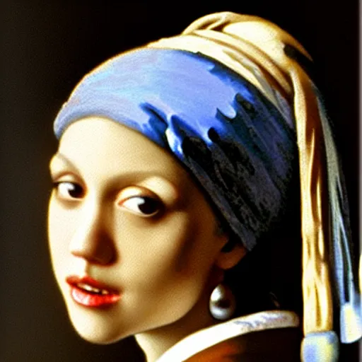 Prompt: Brittany Murphy as the girl with a pearl earring by Vermeer, copy of original composition
