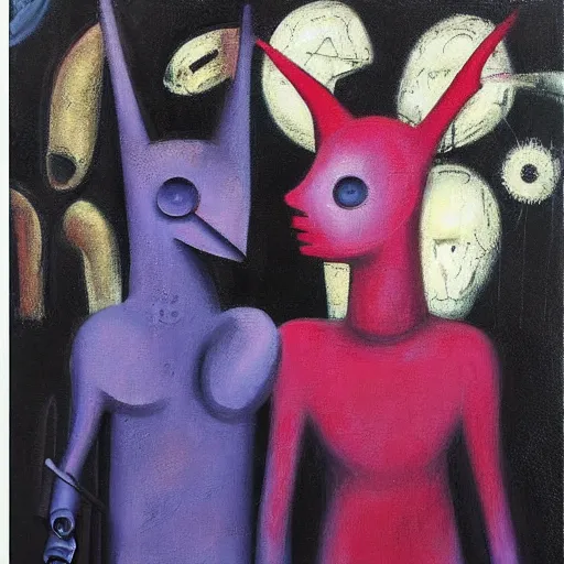 Image similar to Oil painting by Rufino Tamayo. Two mechanical gods with animal faces having a conversation. Oil painting by Lisa Yuskavage.