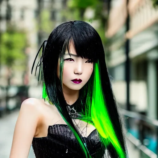 Prompt: a beautiful close up portrait photo of a very beautiful young Chinese female model wearing cybergothic clothing, black hair with bright green streaks of hair, smiling coyly, golden hour in Manhattan, outdoors, professional award winning portrait photography, Zeiss 150mm f/2.8 Hasselblad