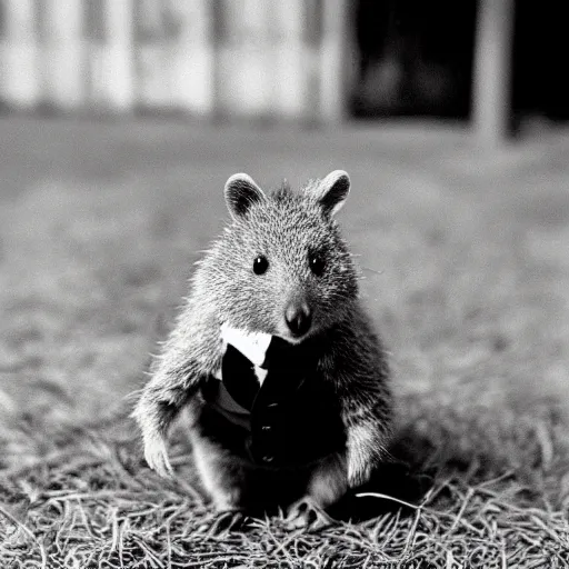 Image similar to a quokka wearing a tuxedo, antique black and white photograph