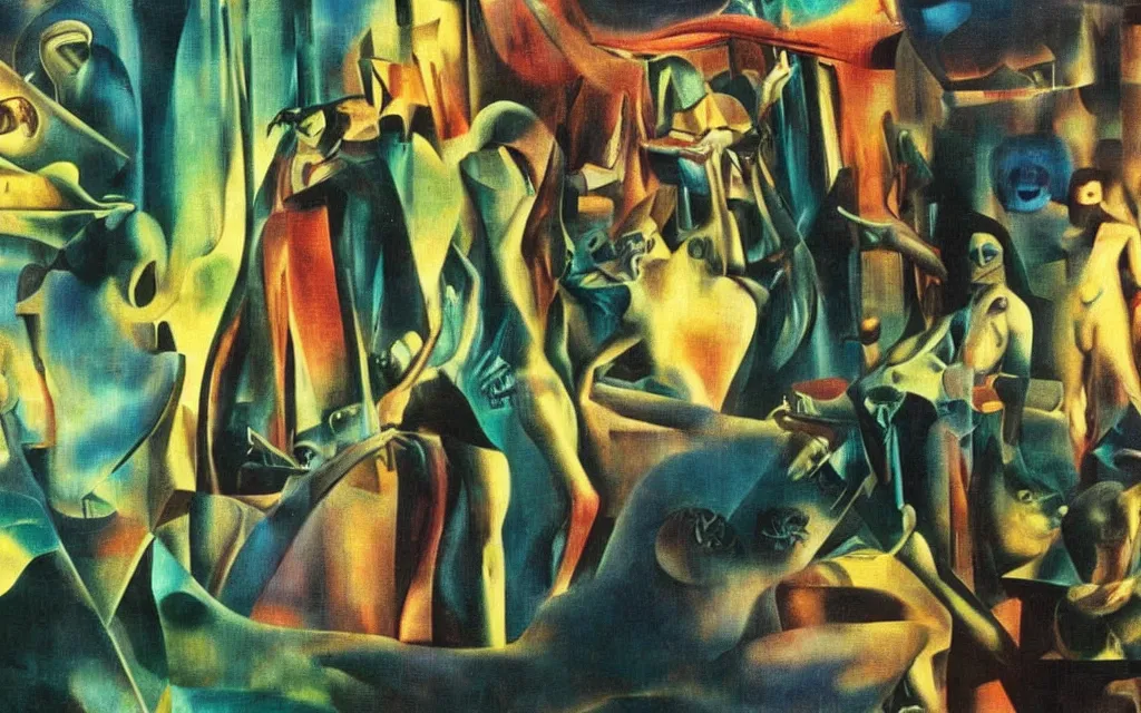 Prompt: colorized movie still from metropolis, oil painting by dali, iridescent color palette chromatic aberration