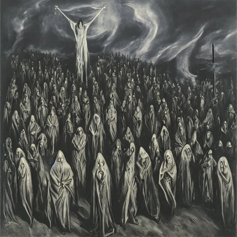 Image similar to A Holy Week procession of grim reapers in a lush Spanish landscape at night. A hooded figure at the front holds a cross. El Greco, Remedios Varo, Salvador Dalí, Zdzisław Beksiński.