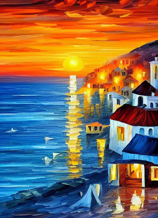 Image similar to beautiful seaside greek village at sunset in the style of leonid afremov