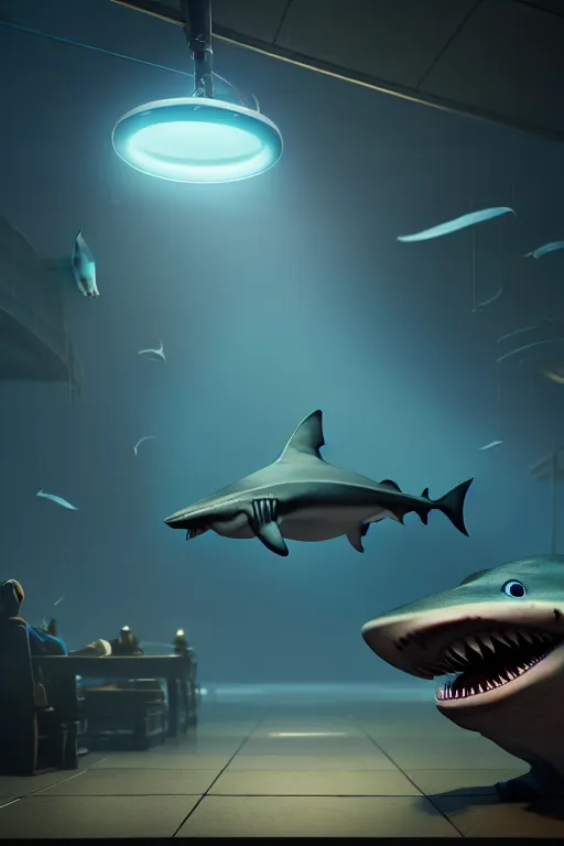 Prompt: anthropomorphic business shark character concept cinematic lighting, smooth, high detail, glowing eyes, studio quality, highly detailed, centered, octane render, by alexandros pyromallis, fog volumes, metal panels, frank zappa, fsociety by greg rutkowski